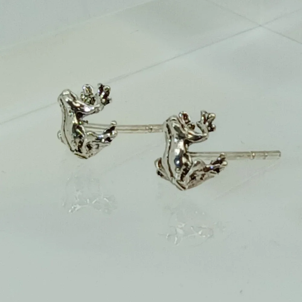 Vintage 90s Sterling Silver 925‎ Frog Stud Earrings Animal Nature Jewelry  - New